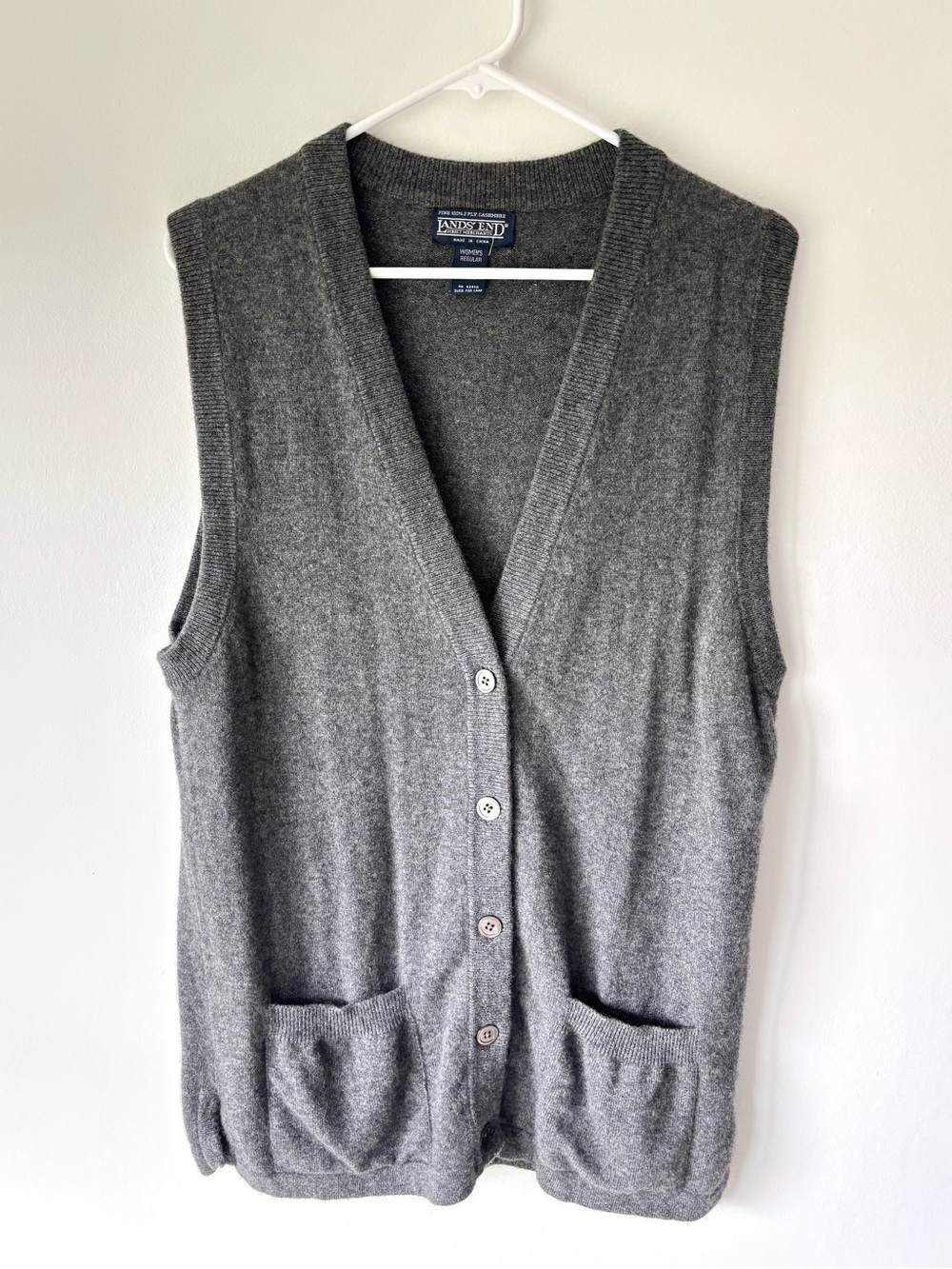 Lands’ End Grey Fine 100% 2 Ply Cashmere Button Front Sweater Vest